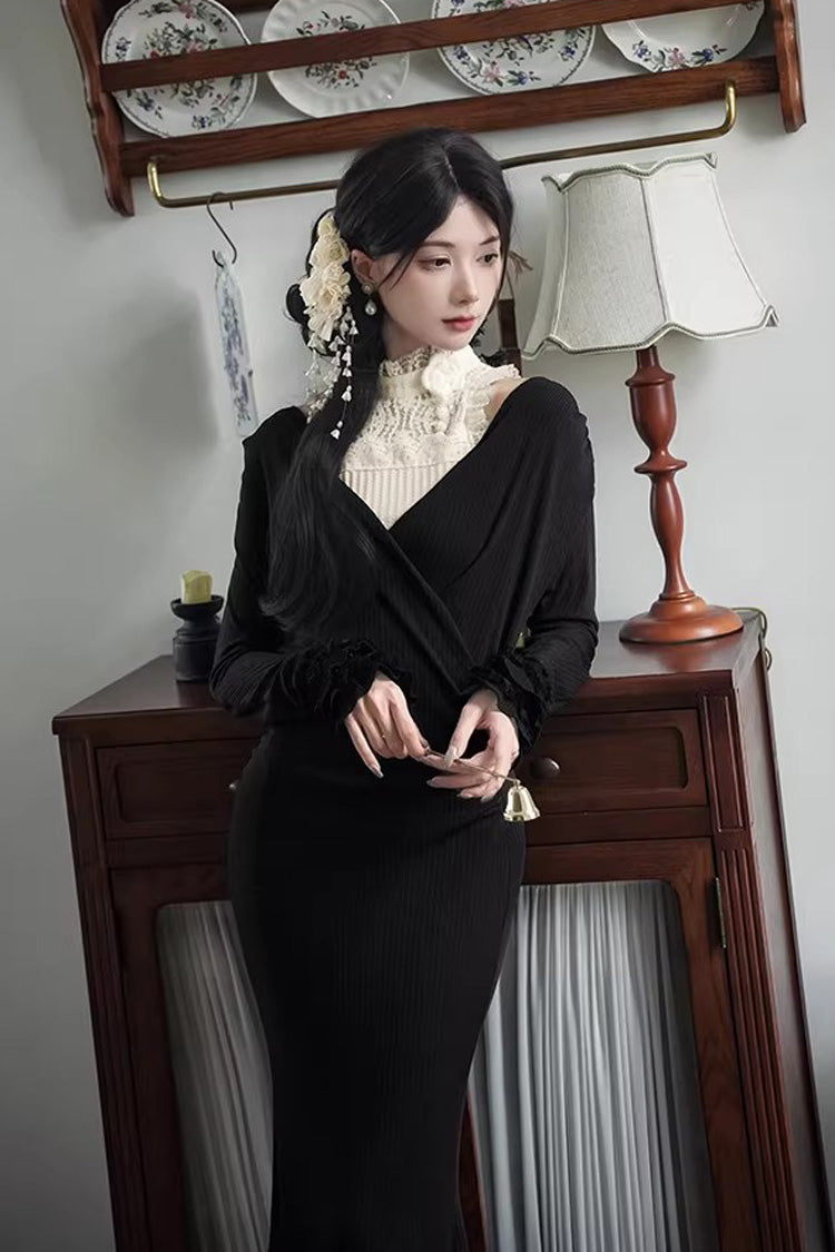 Black [Secret Crush] Long Sleeves Stretch Knit Slim Gothic Lolita Fishtail Dress - Product - 6