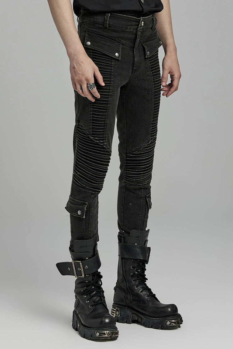 Black Multi-pockets Pleated Men's Punk Pants - Product - 2