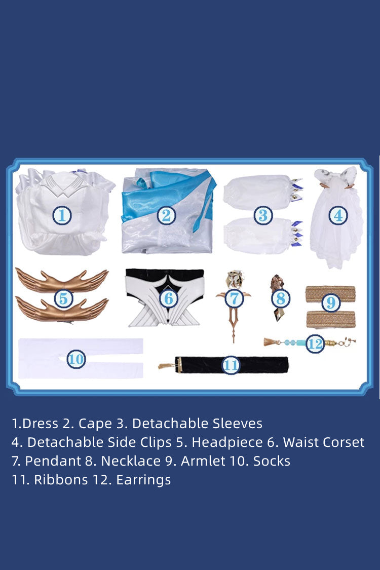 White/Blue [Arknights Inspired Sacred Snow Melody] Long Sleeves Ruffled Classic Lolita Strapless Dress Set - Product - 4