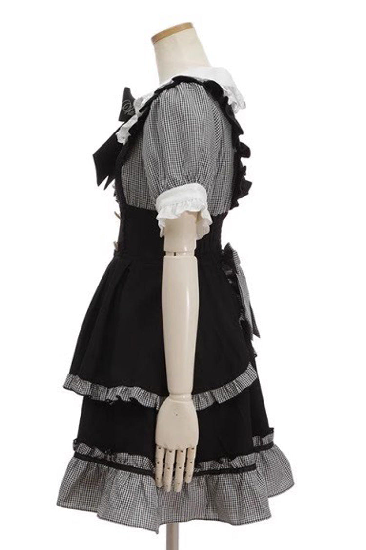 Black Short Puff Sleeves Print Ruffle Bowknot Sweet Jirai Kei Lolita Dress - Product - 4