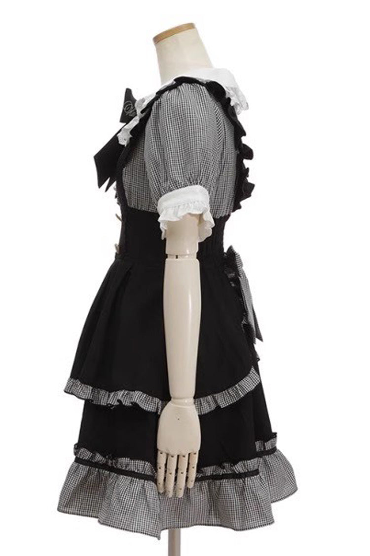 Black Short Puff Sleeves Print Ruffle Bowknot Sweet Jirai Kei Lolita Dress - Product - 4