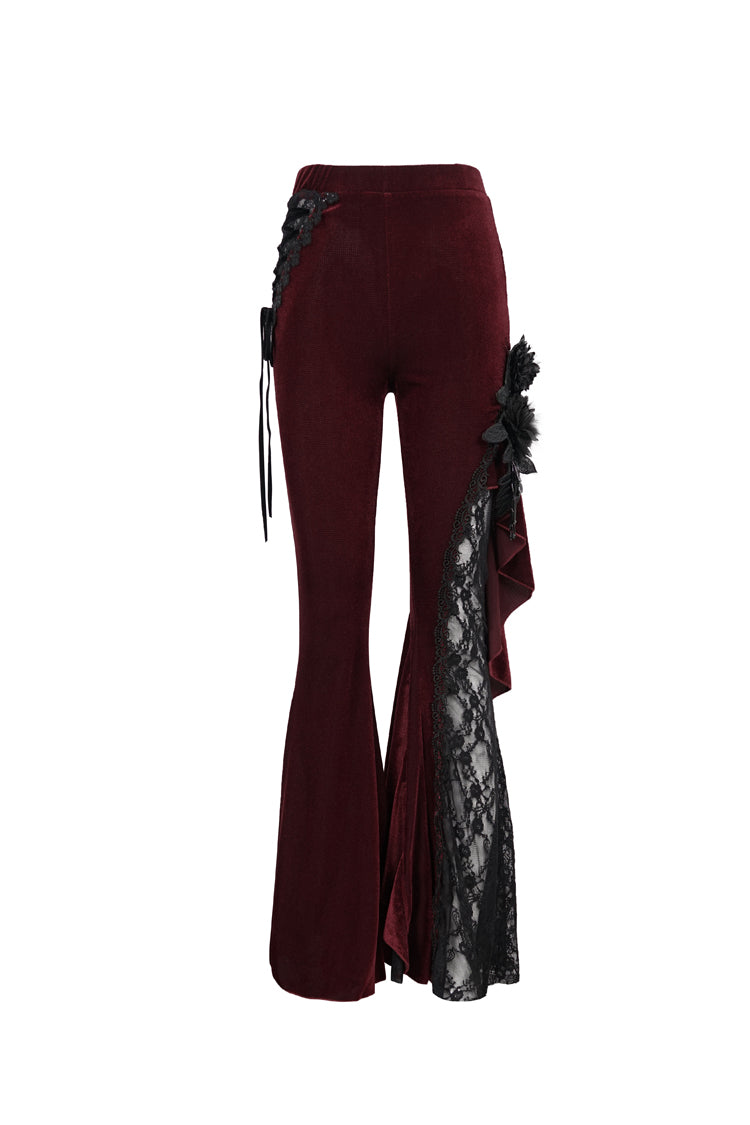 Red Velvet Single Side Stitching Rose Net Side Rope Decoration Asymmetric Pattern Flare Women's Gothic Pants - Product - 8
