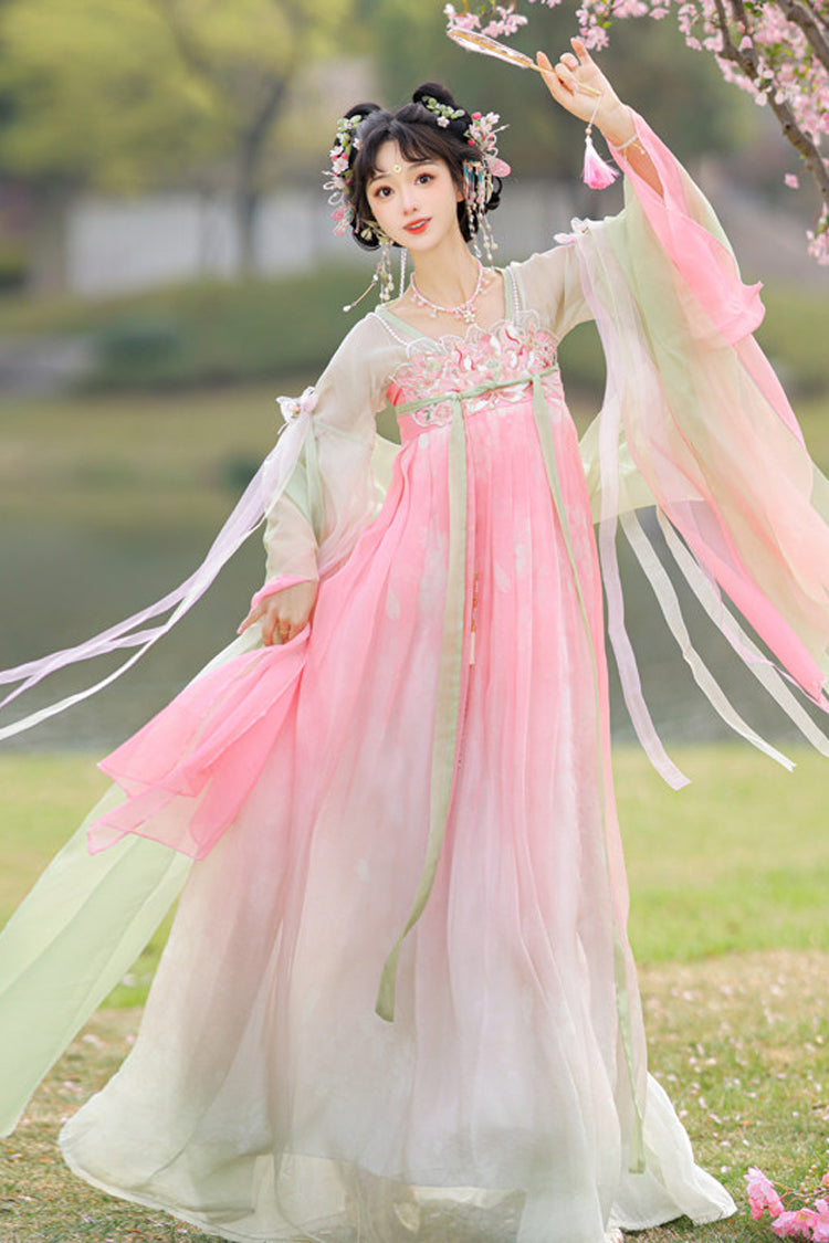 Pink/Green [Spring Awakening] High Waisted Embroidered Women's Sweet Hanfu Dress Set - Product - 2