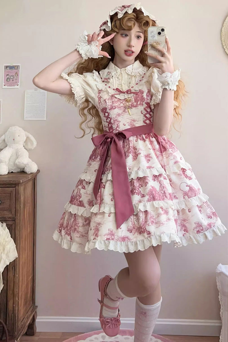 Rose Red [Grape Moon Almanac] Sleeveless Multi-Layered Printed Ruffled Bow Adjustable-Length Sweet Lolita Jsk Dress - Product - 4