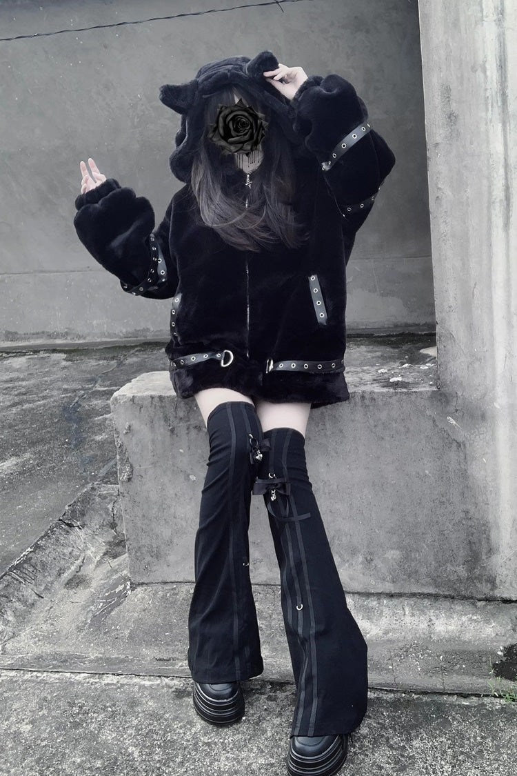 [Night Hunter] Cat Ear Long Sleeves Hooded Zippered Jirai Kei Coat 2 Colors - Product - 4