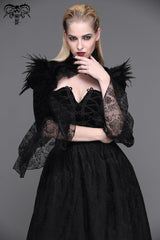 Black High Collar Long Trumpet Sleeves Printed Lace Pleated Women's Vintage Punk Jacket - Product - 5