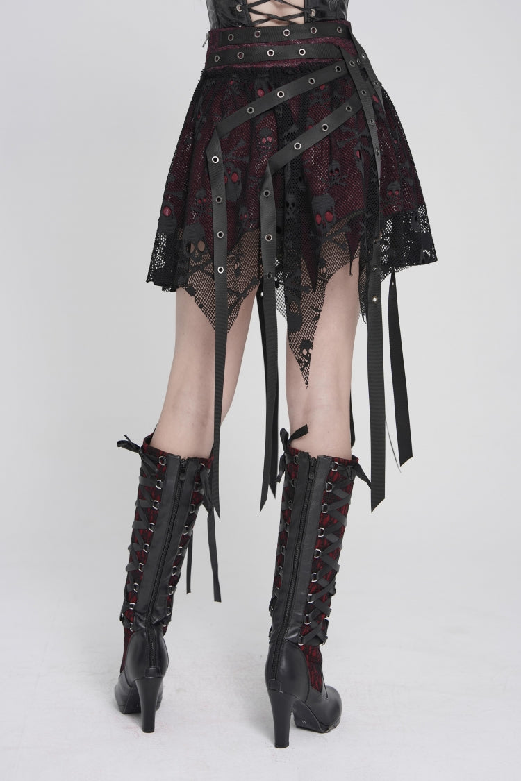 Black/Red Double-Layered Lace Lace-Up Irregular Mesh Eyelet Women's Punk Skirt - Product - 6