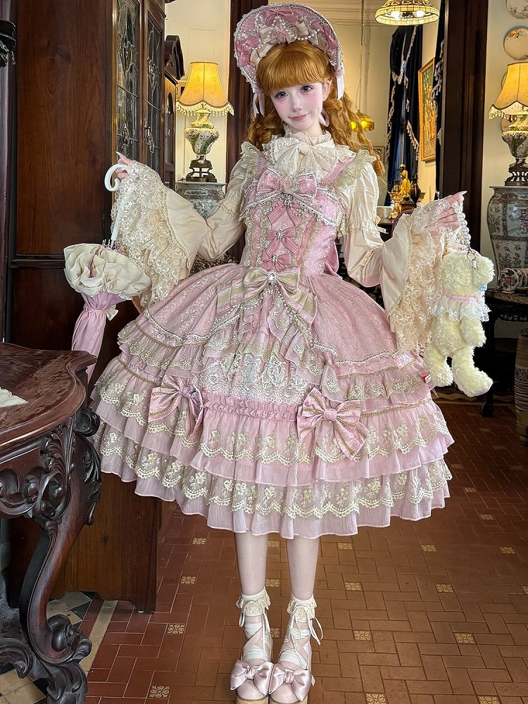 Pink Flower Bead Chain Bow Princess Lolita Dress detail view 3