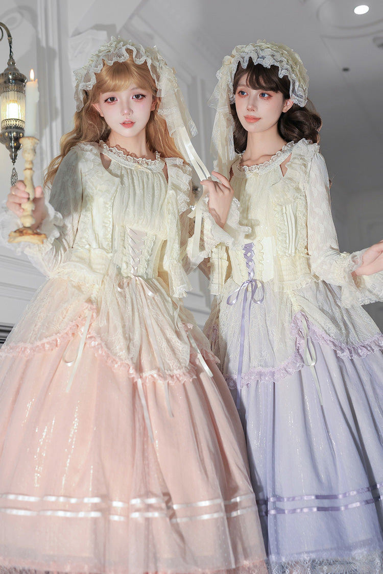 [Tulip Scent] Halterneck Sleeveless Printed Ruffled Lace Lace-Up Fishbone Sweet Lolita Jsk Dress Set (Pink/Purple 2 Colors) - Product - 12