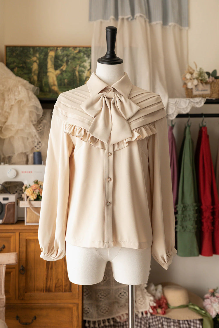 [Basket of the Forest] Lapel Collar Long Sleeves Ruffled Bow Classic Elegant Lolita Blouse 4 Colors - Ivory - 2