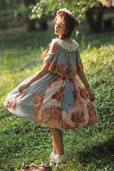 Multi-Color European Architectural Oil Painting Print Off Shoulder Short Sleeves Bowknot Sweet Lolita Dress - Product - 11
