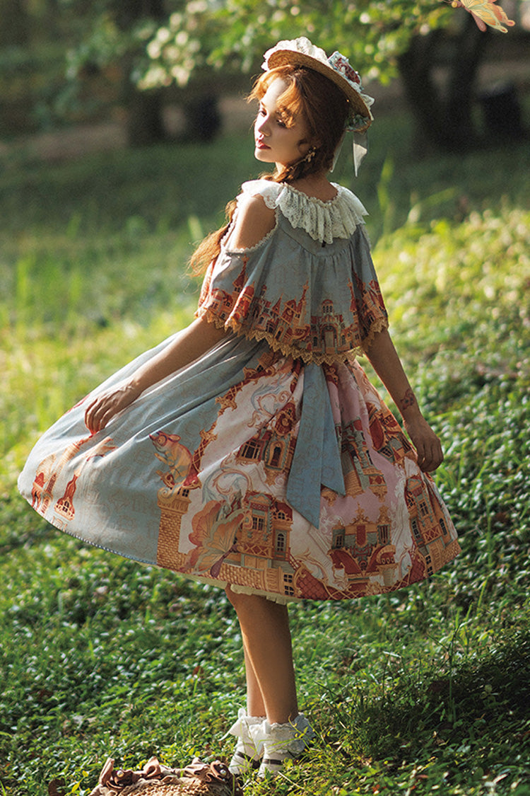 Multi-Color European Architectural Oil Painting Print Off Shoulder Short Sleeves Bowknot Sweet Lolita Dress - Product - 11