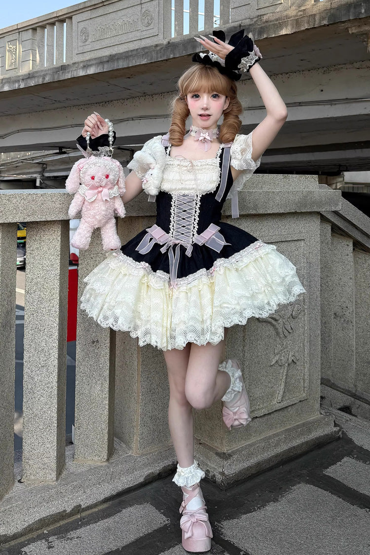 [Goodnight Alice] Sleeveless Ruffled Bow Lace-Up Sweet Lolita Jsk Dress 3 Colors - Product - 17
