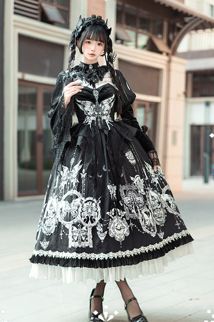 Black [Feast of Bones] Print Ruffle Bowknot Lace Gothic Elegant Lolita Long Dress - Product - 2