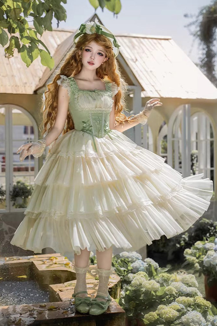 Green [Letters & Poems · Whisper of Lily of the Valley] Square Collar Multi-Layered Ruffled Embroidered Fishbone Sweet Lolita Jsk Dress 2 Versions - Product - 16