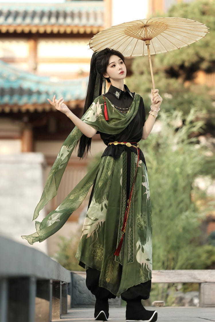 Black/Green Lapel Collar Short Sleeves Embroidered Sweet Chinese Inspired Wuxia Style Ouji Hanfu Pants Set - Product - 8