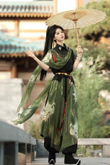Black/Green Lapel Collar Short Sleeves Embroidered Sweet Chinese Inspired Wuxia Style Ouji Hanfu Pants Set - Product - 8