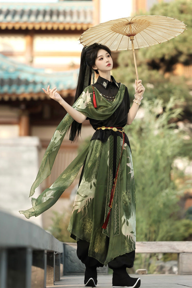 Black/Green Lapel Collar Short Sleeves Embroidered Sweet Chinese Inspired Wuxia Style Ouji Hanfu Pants Set - Product - 8
