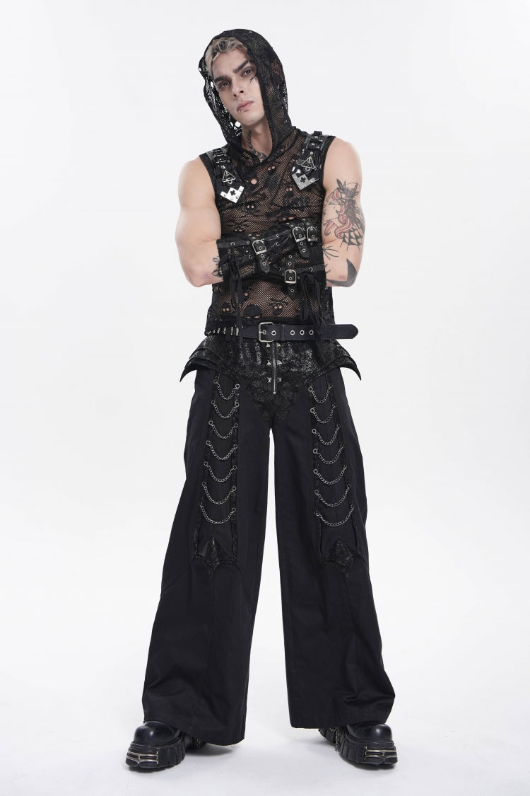 Black Sleeveless Slim  Skull Hooded Mesh Eyelet Men's Punk Cool Vest - Product - 8