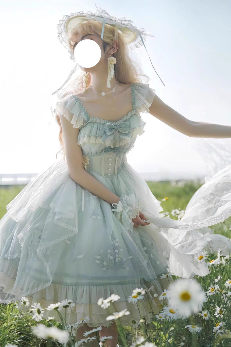 Light Green [Love Is Coming] Multi-layer Ruffle Embroidery Bowknot Sweet Princess Lolita Jsk Dress - Product - 3