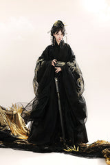 Black [Bamboo Leaves] V Collar Trumpet Sleeves High Waisted Embroidered Women's Classic Hanfu Dress Set - Product - 3