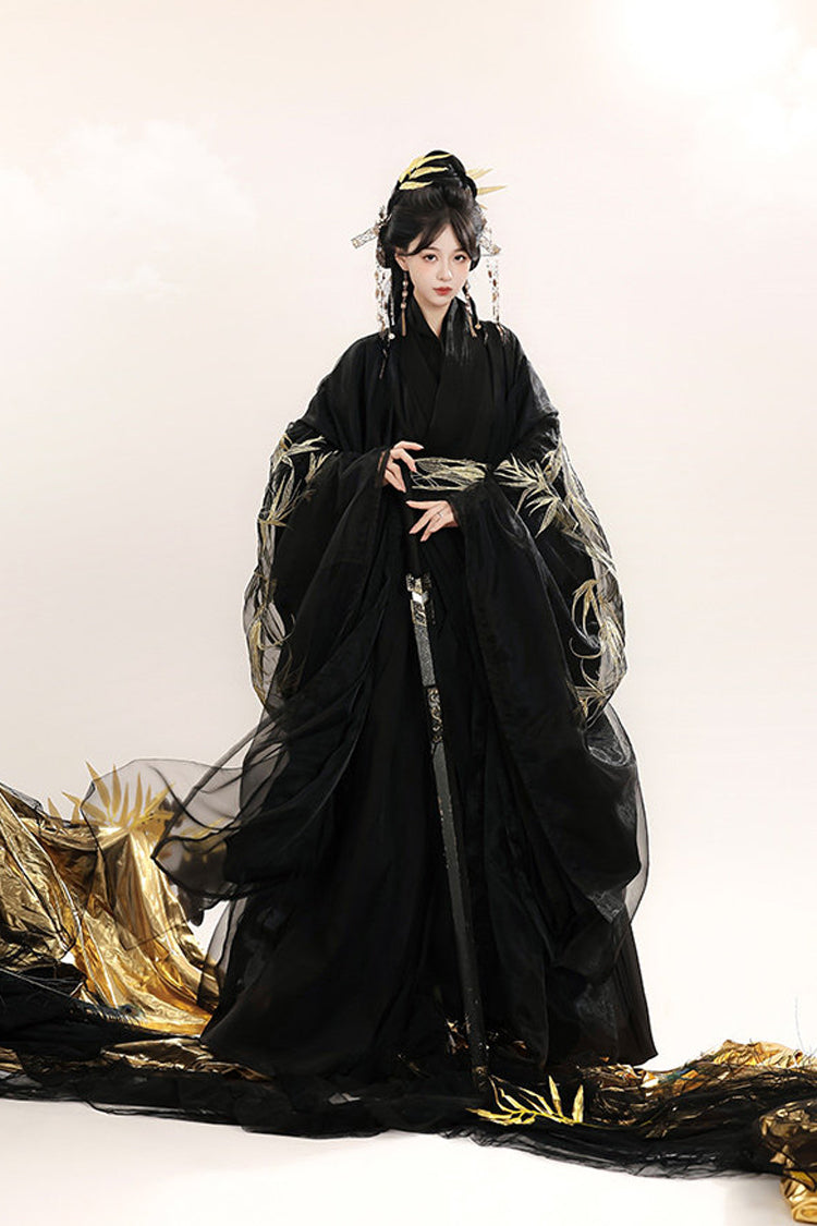 Black [Bamboo Leaves] V Collar Trumpet Sleeves High Waisted Embroidered Women's Classic Hanfu Dress Set - Product - 3