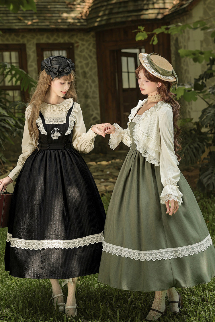 [The Oak Tree in the Wind] Square Collar Sleeveless Jacquard Embroidered Lace Classic Elegant Lolita Jsk Dress 2 Colors (Black, Green) - Product - 4
