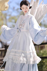 Light Blue [Alice in the Illusion] Stand Collar Pastoral-StylePrinted Bow Lace Chinese Style Vintage Lolita Ma Mian Skirt Set - Product - 2