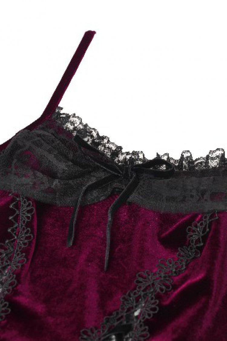 Burgundy Ribbon Bow Lace-Up Women's Gothic Velet Cami Corset Top - Product - 10