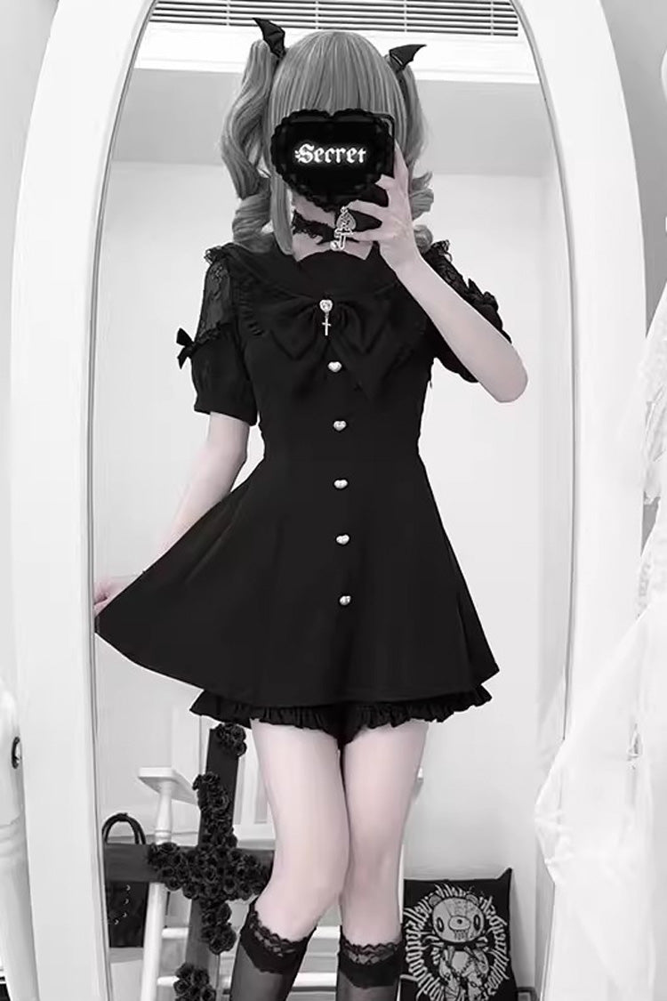 Black [Night Glaze] Long Short Sleeves Ruffled Bow Gothic Plus Size Jirai Kei Dress and Shorts Set - Product - 5