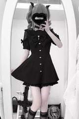 Black [Night Glaze] Long Short Sleeves Ruffled Bow Gothic Plus Size Jirai Kei Dress and Shorts Set - Product - 5