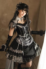 Black [Dark Night Rose] Short Sleeves Print Ruffle Bowknot Lace Asymmetric Gothic Lolita Dress - Product - 8