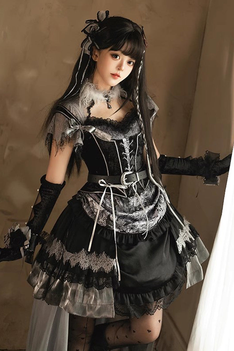 Black [Dark Night Rose] Short Sleeves Print Ruffle Bowknot Lace Asymmetric Gothic Lolita Dress - Product - 8