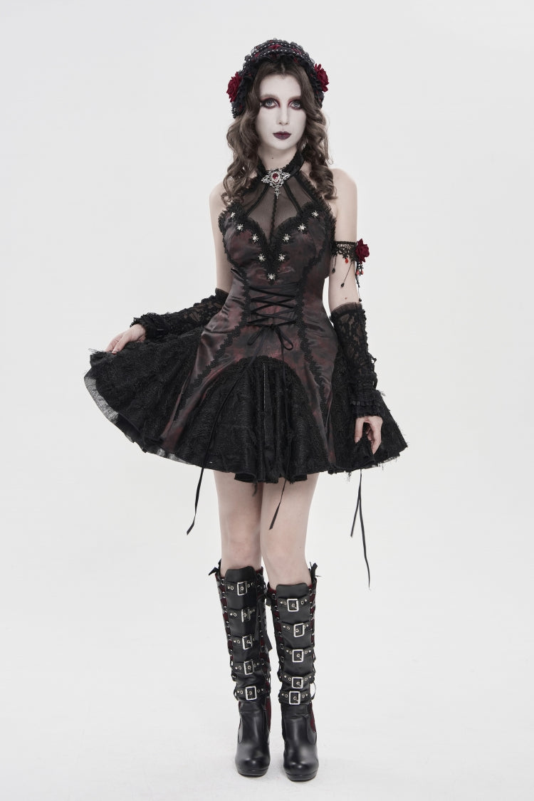 Black/Red Off Shoulder Sleeveless Printed Spliced Lace Lace-Up Pleated Women's Gothic Dress - Product - 5