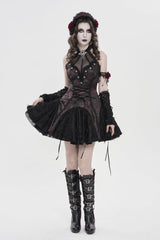 Black/Red Off Shoulder Sleeveless Printed Spliced Lace Lace-Up Pleated Women's Gothic Dress - Product - 5