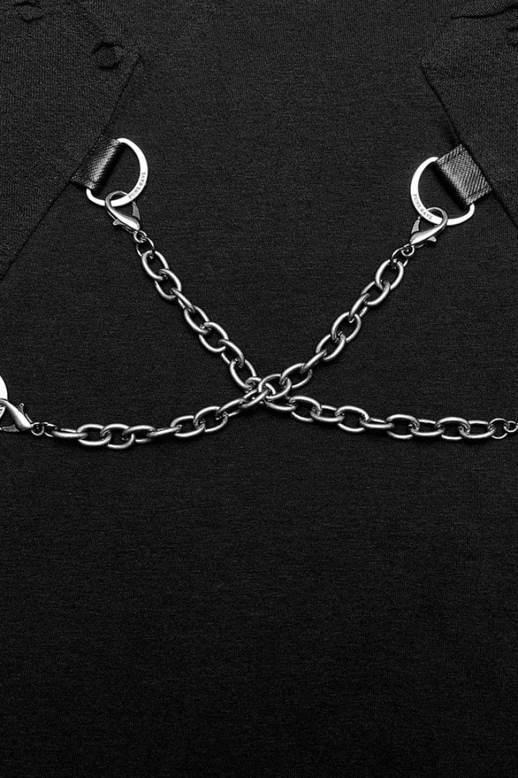 Black Stand Collar Long Sleeves Ripped Metal Chain Mens Steampunk T-Shirt - Product - 6