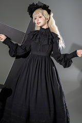 Black [Quiet Place] Long Sleeves Jacquard Ruffle Embroidery Bowknot Gothic Lolita Dress - Product - 2