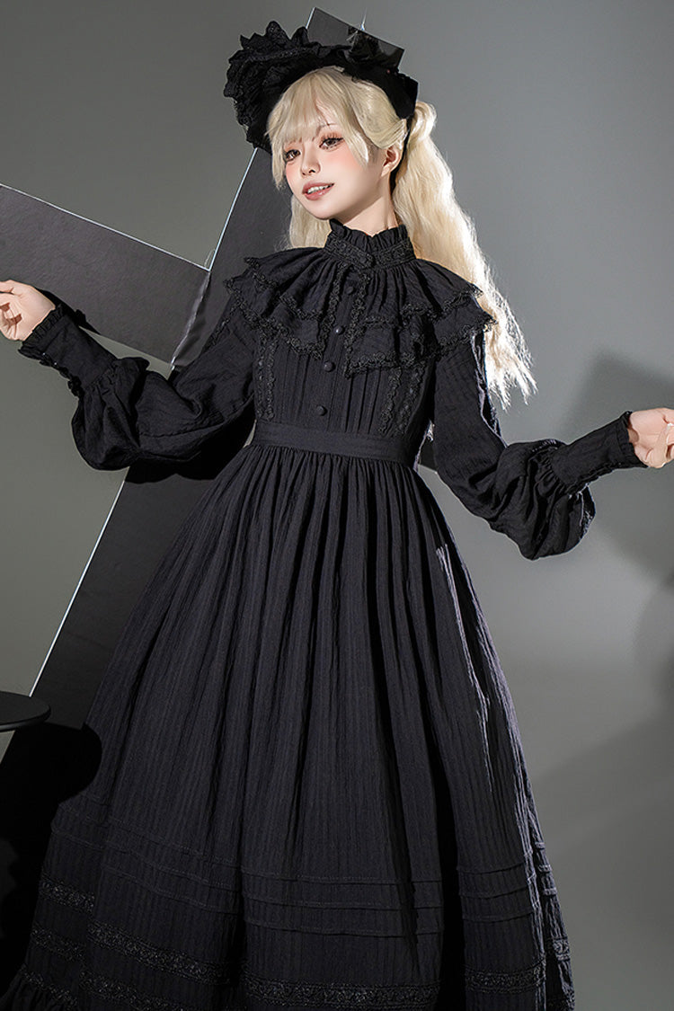 Black [Quiet Place] Long Sleeves Jacquard Ruffle Embroidery Bowknot Gothic Lolita Dress - Product - 2
