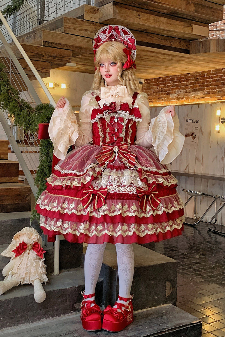 Red [Crown of Gems] Triple-Layered Ruffle Bowknot Lace Sweet Gorgeous Lolita Jsk Dress - Product - 2