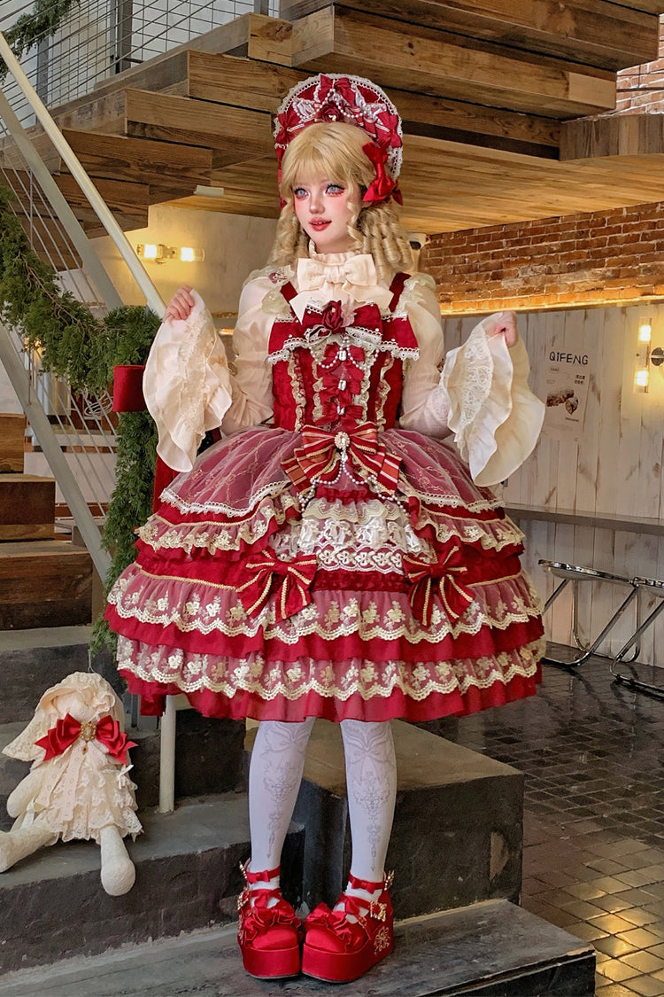 Red [Crown of Gems] Triple-Layered Ruffle Bowknot Lace Sweet Gorgeous Lolita Jsk Dress - Product - 2