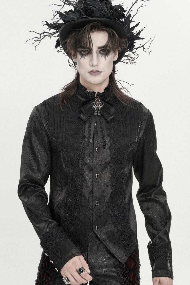 Black Stand Collar Long Sleeves Jacquard Embroidered Bow Lace Men's Gothic Palace Shirt - Black - 1
