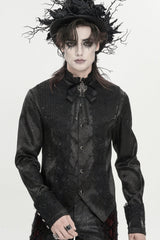 Black Stand Collar Long Sleeves Jacquard Embroidered Bow Lace Men's Gothic Palace Shirt - Black - 1