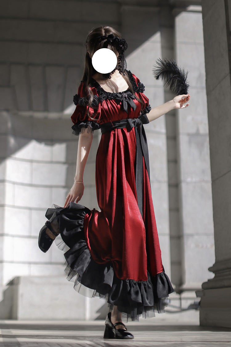 Red Square Collar Short Sleeves Ruffle Bowknot Sweet Regency-Style Vintage Lolita Dress - Product - 9