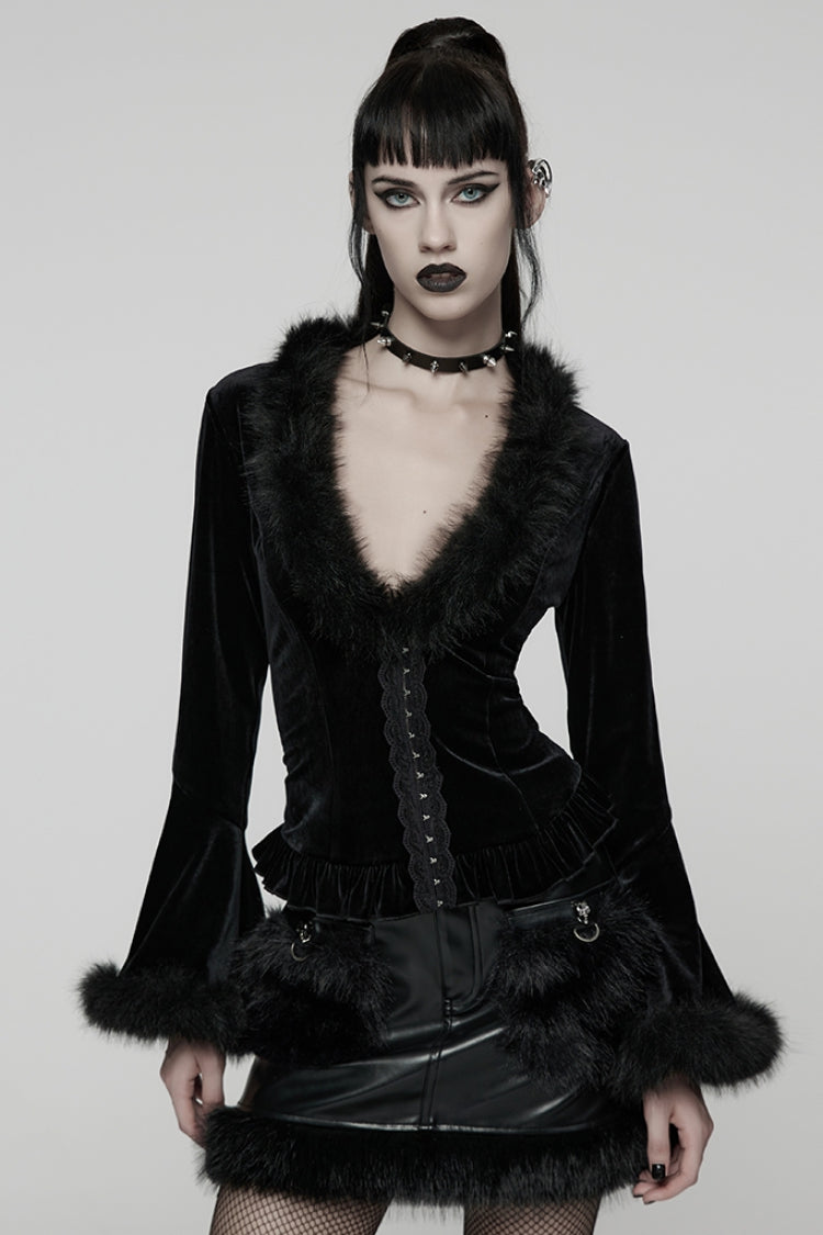 Black V Collar Long Sleeves Faux Fur Spliced Lace-Up Women's Gothic Cardigan - Black - 1
