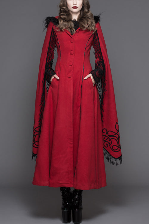 Red Winter Hand Embroidered Shawl Double Sided Long Womens Gothic Coat - Red - 1