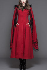 Red Winter Hand Embroidered Shawl Double Sided Long Womens Gothic Coat - Red - 1
