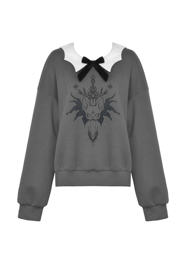 Grey Bowknot Peter Pan Collar Long Sleeves Bat Women's College Style Sweatshirt - Product - 3