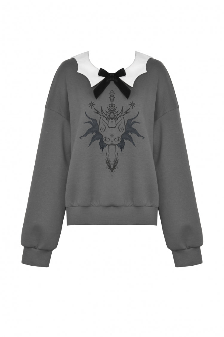 Grey Bowknot Peter Pan Collar Long Sleeves Bat Women's College Style Sweatshirt - Product - 3