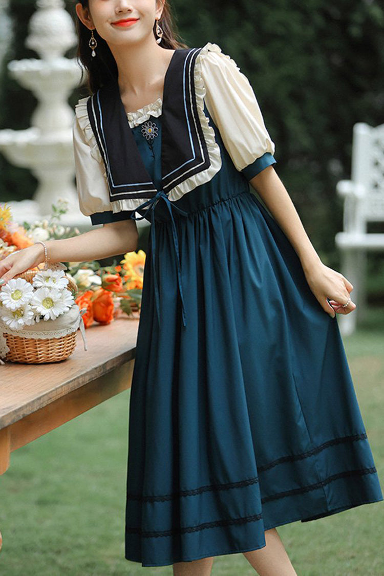 Multi-Color Retro Doll Collar Short Lantern Sleeves High Waist Embroidery Sweet Lolita OP Dress - Multi-Color - 1