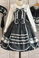 Green [Gingham Petal Bunny] Printed Ruffled Bow Sweet Lolita Jsk Dress - Product - 3